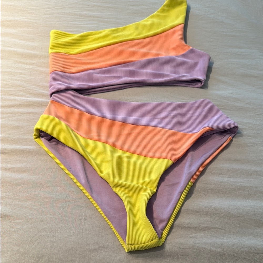 Beach Riot Striped Bikini in Purple, Orange, and Yellow